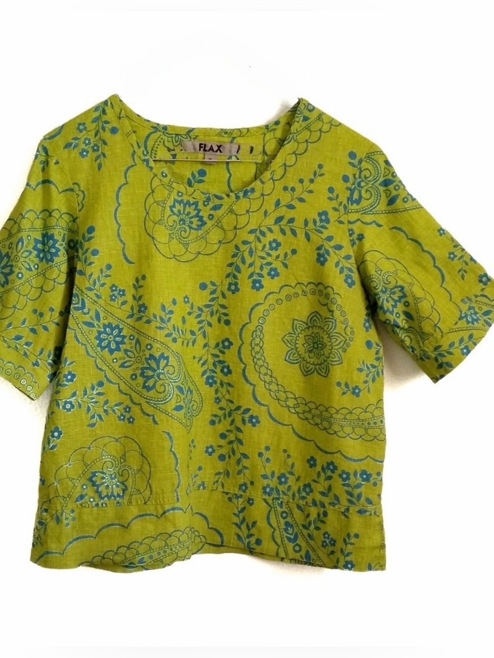 FLAX Top Linen Paisley Floral Lime Green Blue Size Small